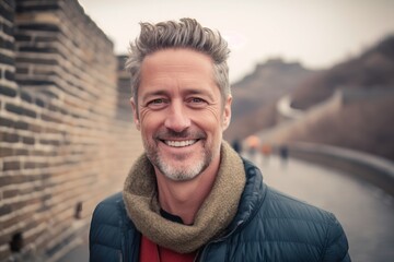 Close-up portrait photography of a pleased man in his 40s that is with the family at the Great Wall of China in Beijing China