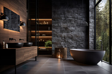 Obraz na płótnie Canvas Grey concrete tiled bathroom with window and a bathtub, stone concept, Generative AI