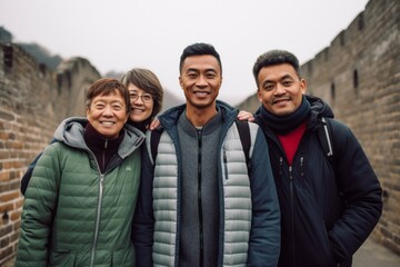Group portrait photography of a cheerful man in his 40s that is with the family at the Great Wall of China in Beijing China