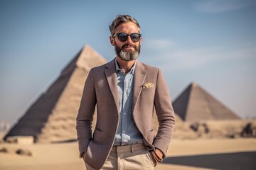 Lifestyle portrait photography of a satisfied man in his 40s that is wearing a chic cardigan in front of the Pyramids of Giza in Cairo Egypt
