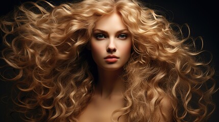 Fototapeta premium Blonde woman with wonderful long curly hair. generative ai
