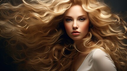 Fototapeta premium Blonde woman with wonderful long curly hair. generative ai