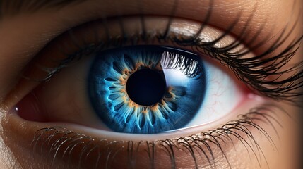 Fototapeta premium Blue Eye Depth: A close-up of a mesmerizing blue eye, capturing the intricate details of the iris and the delicate lashes. 