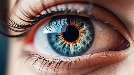 close up of a female blue eye background. generative ai