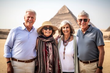 Group portrait photography of a pleased woman in her 50s that is with the family in front of the Pyramids of Giza in Cairo Egypt