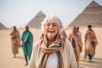 Group portrait photography of a pleased woman in her 50s that is smiling with friends in front of...