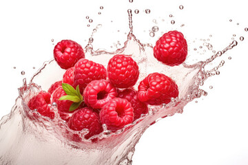 Splashing raspberries on white background