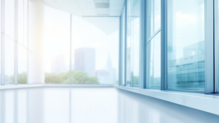 Fototapeta premium White hall office or clinic building with windows, light blurry bokeh background