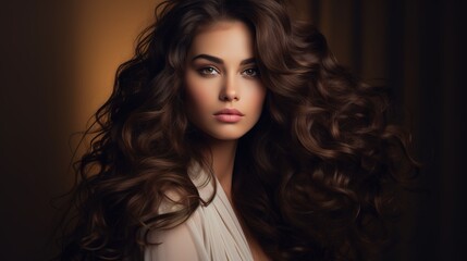 Captivating Curls: A beautiful woman with long, flowing brown curls gazes into the camera with a captivating intensity.