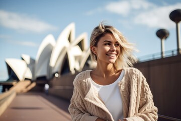 Lifestyle portrait photography of a pleased woman in her 20s that is wearing a chic cardigan at the Sydney Opera House in Sydney Australia