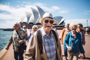 Lifestyle portrait photography of a pleased 100-year-old elderly man that is with the family at the Sydney Opera House in Sydney Australia
