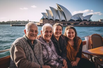 Lifestyle portrait photography of a pleased 100-year-old elderly man that is with the family at the...