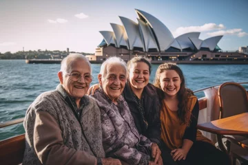 Wandaufkleber Lifestyle portrait photography of a pleased 100-year-old elderly man that is with the family at the Sydney Opera House in Sydney Australia © Robert MEYNER