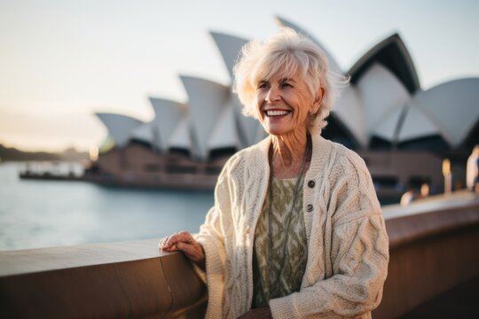 Lifestyle Portrait Photography Of A Pleased Woman In Her 60s That Is Wearing A Chic Cardigan At The Sydney Opera House In Sydney Australia