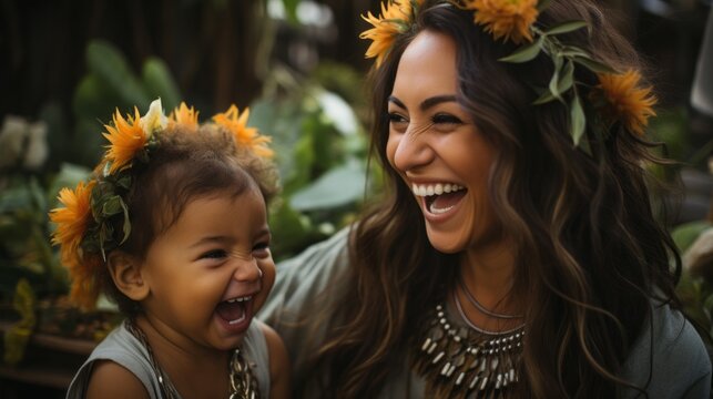 Fototapeta A laughing baby with mom. Generative AI. 