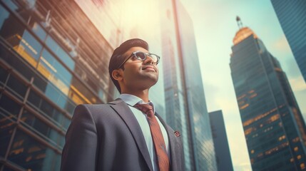 Fototapeta premium Reaching for the Top: Ambition and Success in the City: A determined businessman in a sleek suit looks upward, his gaze fixed on the towering skyscrapers.