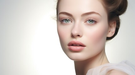 Fototapeta premium A captivating image showcasing the beauty of a woman with blonde hair, flawless skin, and expressive eyes, highlighting the elegance of natural beauty, clean makeup, and a touch of glamour in a studio