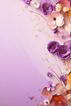 Floral frame on light purple background. Colorful paper spring flowers and leaves wallpaper. Border for greeting card design for holiday, Mother's day, Easter, Valentine day. Papercraft, quilling