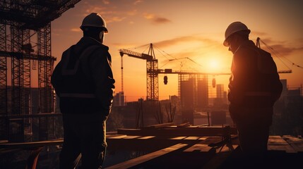 Fototapeta premium construction workers at sunset