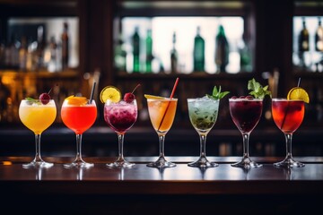 beautiful line of colorful alcoholic cocktails in a nightclub bar