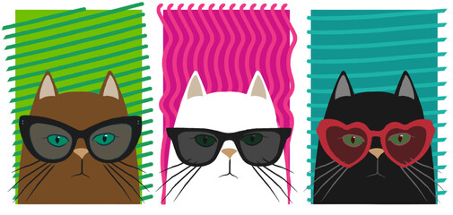 set of cute cats with glasses. colorful background, vector illustration.