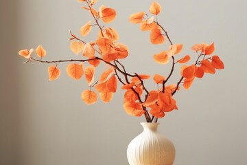 autumn branches with orange leaves in vase on white background. generative ai.