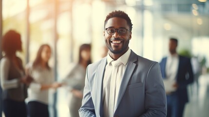 Fototapeta premium confident African-American businessman leader looks camera. Manager of a successful mature businessman standing in office