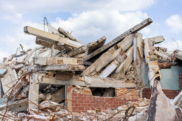 Ruins of a destroyed building. Background with selective focus and copy space