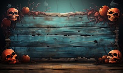 Halloween background with wooden board for banner and advertisement, dark background with pumpkins, bats and skulls.