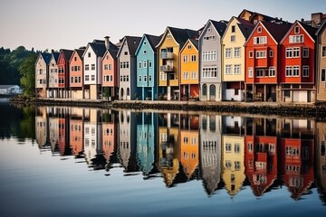 Colorful row of homes on a lake. Reflection of houses in the water. Old buildings in Europe. Architectural landscape