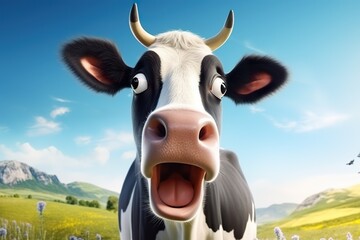 Funny surprised cow with a goofy face in a sunny meadow 3D realistic photo - obrazy, fototapety, plakaty