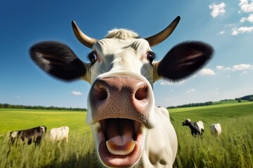 Funny surprised cow with a goofy face in a sunny meadow 3D realistic photo - obrazy, fototapety, plakaty
