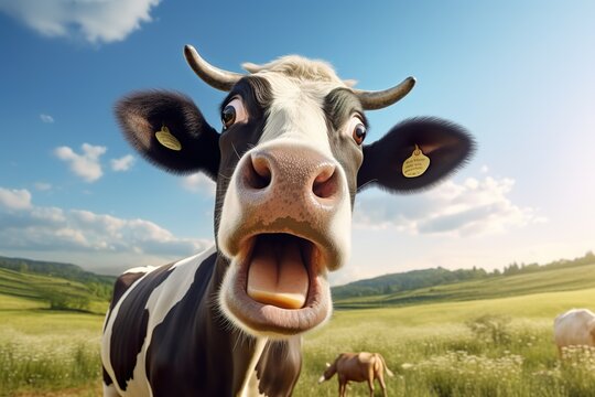 Funny surprised cow with a goofy face in a sunny meadow 3D realistic photo