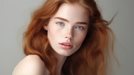 Naklejka premium Redhead Beauty Portrait: Captivating close-up of a stunning young woman with vibrant red hair and captivating blue eyes. 