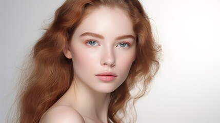 Fototapeta premium Redhead Beauty: A captivating portrait of a young woman with fiery red hair, showcasing her natural beauty and alluring gaze.
