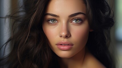 Fototapeta premium Portrait of a beautiful woman's face. Beautiful Spa model with flawlessly clean skin. A brunette woman smiles at the camera. Concept of Youth and Skin Care. generative ai
