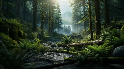 Poster a dense and ancient temperate rainforest, with towering trees, ferns, and a lush understory, inviting viewers to immerse themselves in the enchanting world of the forest © Muhammad