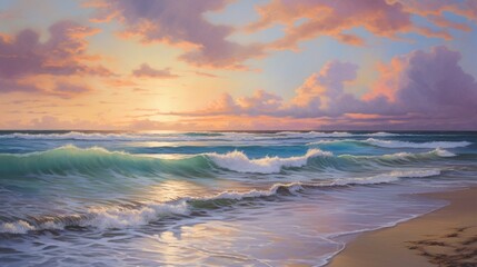 a deserted beach at sunset, with gentle waves, a colorful sky