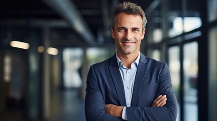 Happy male executive company owner corporate manager leader in office, confident smiling business man professional coach wear glasses stand arms crossed staring at camera. generative ai