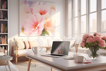 Modern bright living room interior design with bookshelf, coffee table, laptop and flowers. 3D Rendering