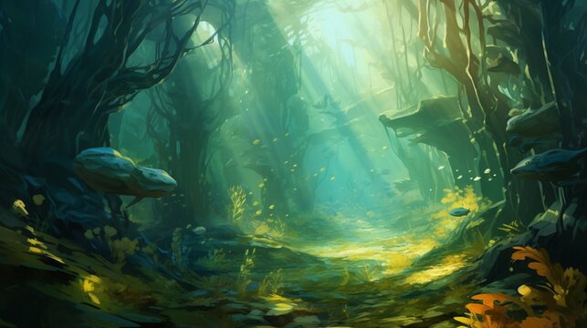 A Dense Kelp Forest Beneath The Ocean's Surface, With Sunlight Filtering Through The Towering Kelp Stalks And Vibrant Marine Life Thriving