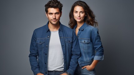 Portrait of pleasant and dynamic entrepreneurs willing to solve business challenges and make judgments. Isolated wearing blue denim jackets - obrazy, fototapety, plakaty