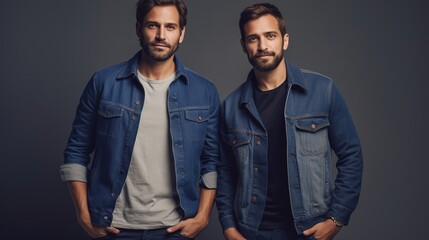 Obraz premium Portrait of pleasant and dynamic entrepreneurs willing to solve business challenges and make judgments. Blue denim jackets isolated on an ashy gray background. generative ai