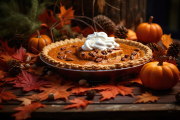 Pumpkin pie surrounded by fall leaves	