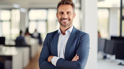 Fototapeta premium confident gorgeous mature businessman professional financial adviser, executive leader, manager, male lawyer or man entrepreneur stands in his office posing for a headshot company. generative ai