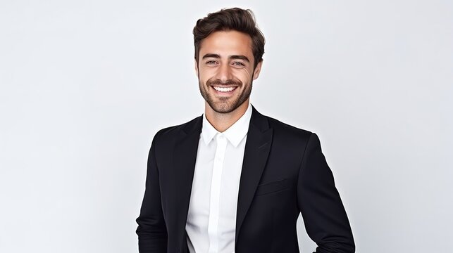 Manager or ceo portrait of a smiling businessman in a white studio background peering at the camera
