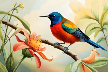 A vibrant Bird of Paradise flower unfolding its striking orange and blue petals in a lush tropical setting, capturing the intricate details and vivid colors in high-definition.