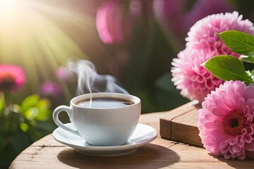 Fototapeta na wymiar A steaming cup of coffee adorned with vibrant flowers, capturing the essence of a serene morning.