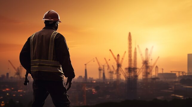 silhouette of a worker in construction site at sunset, civil engineering 