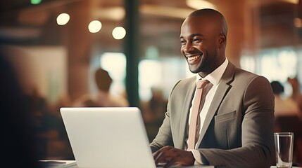Startup black businessman typing with laptop, smiling and happy with web design, planning, or development. African developer, entrepreneur, or businessman 